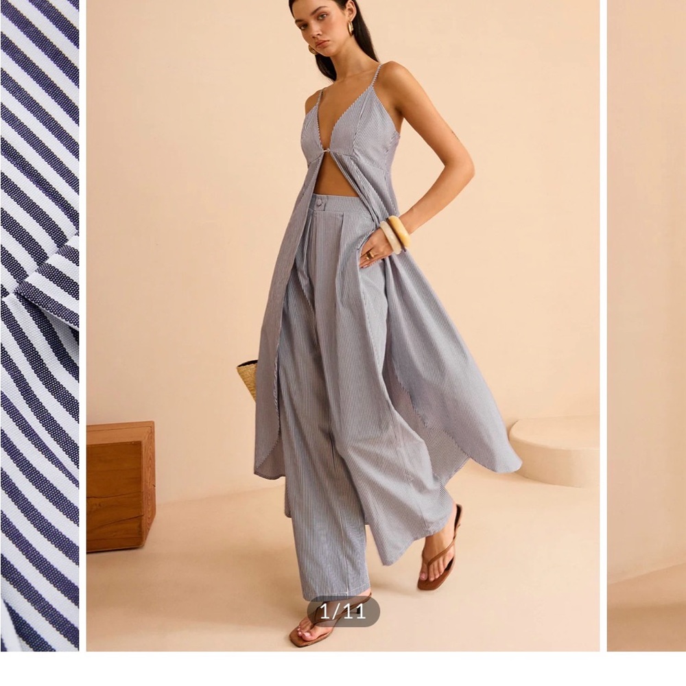 Commense Striped Long Cami Top and Wide-Leg Pants Set